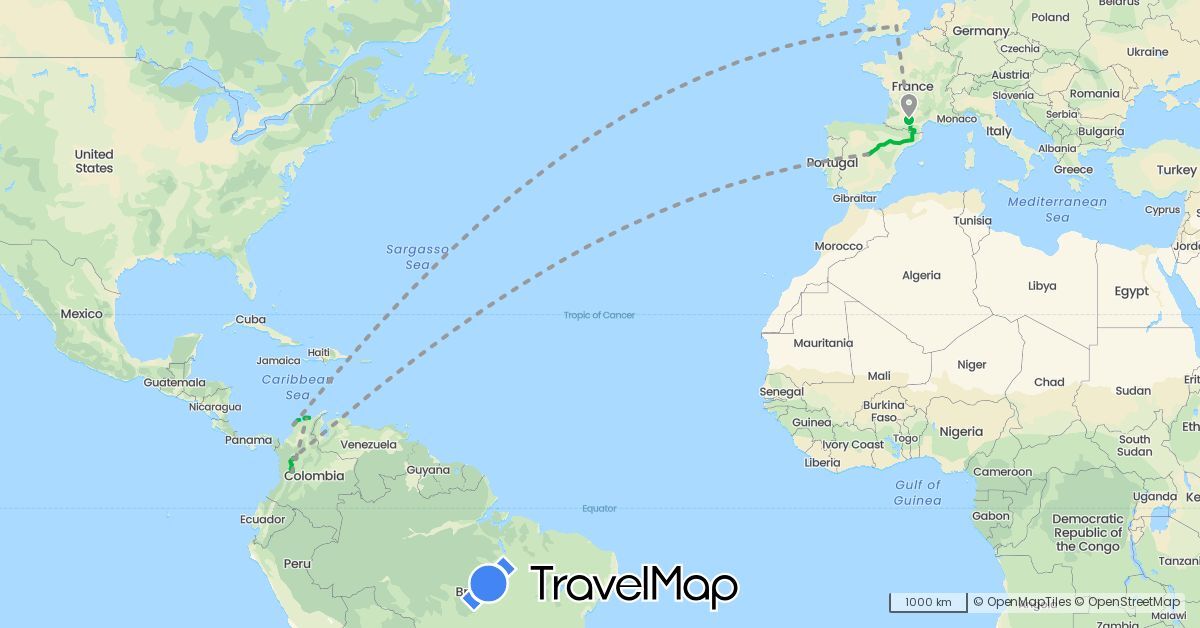 TravelMap itinerary: bus, plane in Colombia, Spain, France, United Kingdom (Europe, South America)
